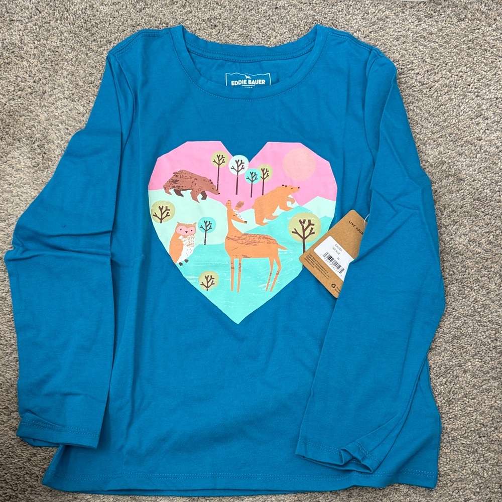Eddie Bauer Teal Long-Sleeve Tee with Colorful Heart Woodland Graphic